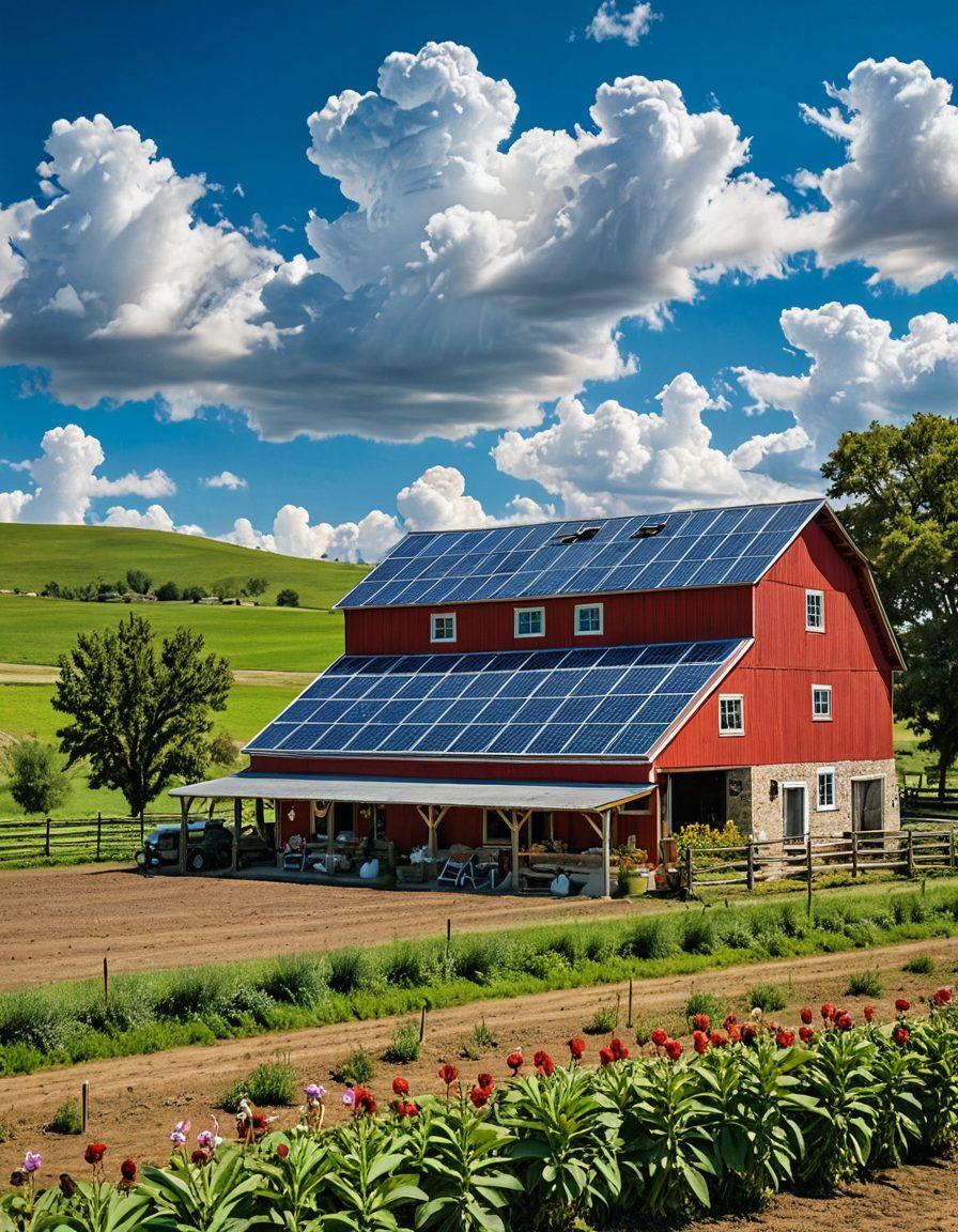 A serene modern farmstead, showcasing lush green fields and diverse crops, with farmers engaging in sustainable practices such as planting, composting, and using solar panels. In the background, a vibrant blue sky dotted with fluffy clouds enhances the scene. Include elements of biodiversity like birds and bees, symbolizing a thriving ecosystem. A rustic wooden barn can be seen, complementing the charm of sustainability. vibrant colors. super-realistic.