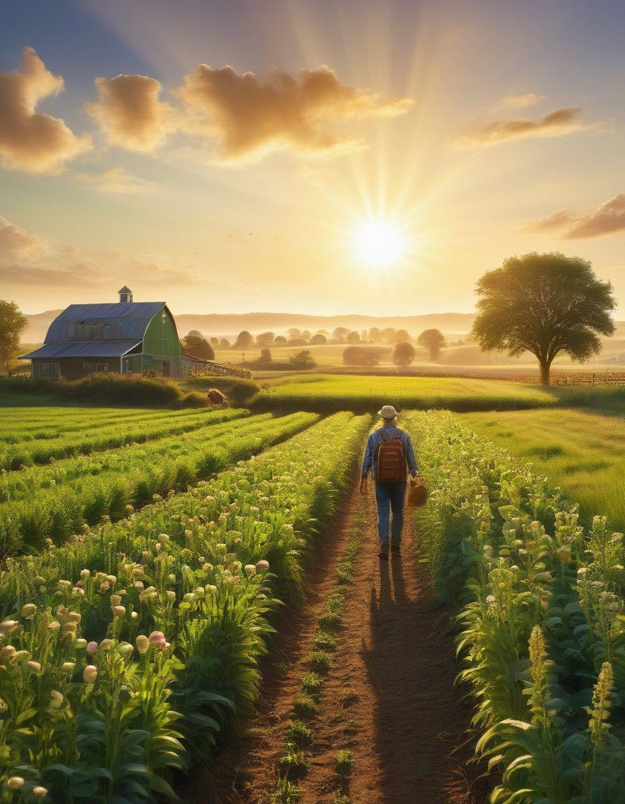 A lush, green farm scene depicting various regenerative agriculture practices, such as cover crops, crop rotation, and livestock integration. Include vibrant flora and fauna thriving in harmony, with a farmer joyfully overseeing the land. In the background, a bright sun illuminating the landscape symbolizes hope and sustainability. The scene should evoke a sense of community and balance between nature and agriculture. super-realistic. vibrant colors.