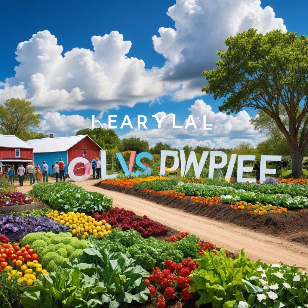A picturesque rural landscape featuring diverse community members working together on a sustainable farm, planting seeds, and harvesting crops. Vibrant colors highlight the lush greenery, colorful vegetables, and supportive interactions among people of varying ages. In the foreground, include a community sign that reads 'Local Voices' in a friendly font. The background shows a bright blue sky with fluffy clouds, symbolizing hope and collaboration. super-realistic. vibrant colors.